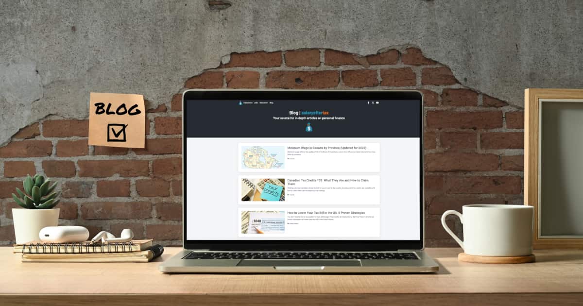 SalaryAfterTax blog pages on a laptop screen in a cozy home office setting